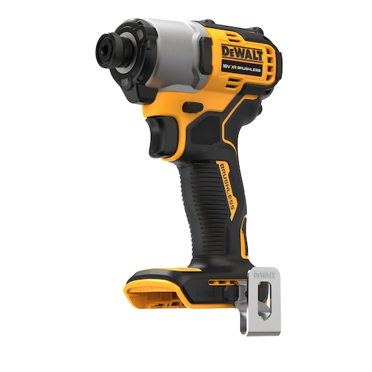 A DEWALT 18V XR brushless cordless impact driver with a yellow and black body, ergonomic grip, and a metal belt clip. The tool is shown without a battery attached.