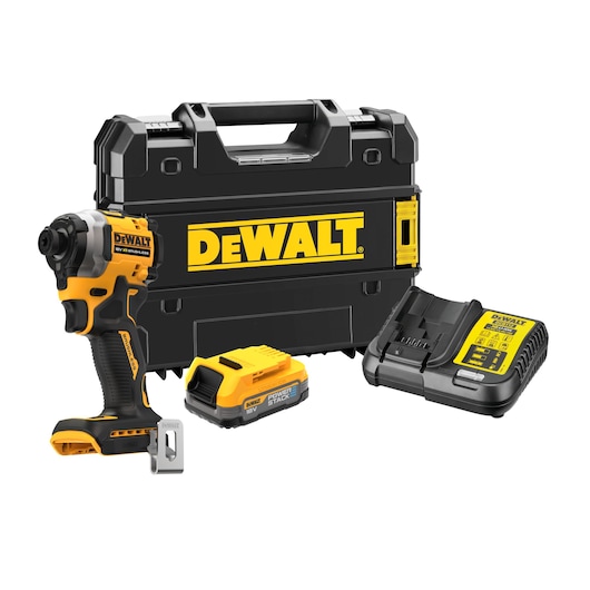 A DEWALT cordless impact driver kit, including a black and yellow impact driver, a rechargeable battery, a battery charger, and a black carrying case with the DEWALT logo.