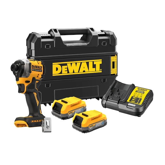 DEWALT power tool set featuring a cordless impact driver, two rechargeable batteries, a battery charger, and a hard carrying case, all in black and yellow.