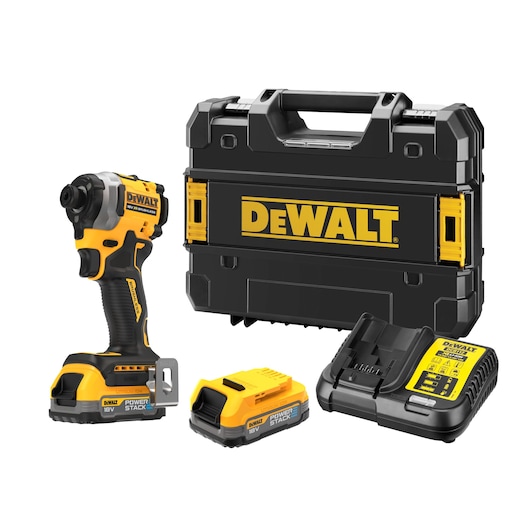 A DEWALT 18V cordless impact driver set including a yellow and black power tool, two POWERSTACK batteries, a charger, and a sturdy carrying case with the DEWALT logo.