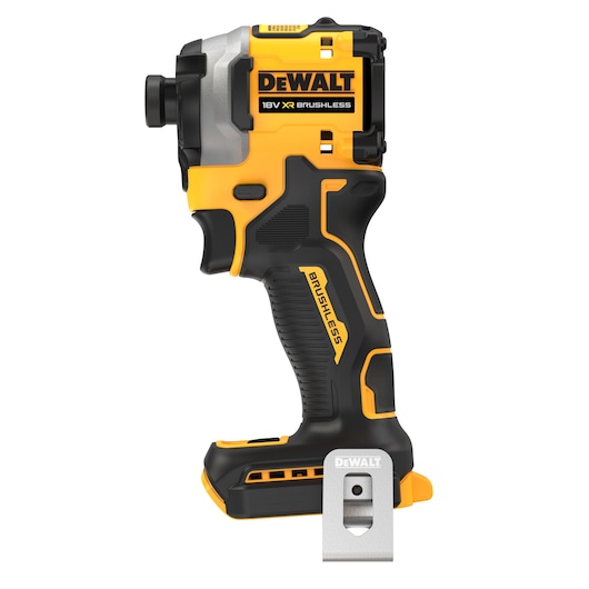 A DEWALT DCF850NT 18V XR Brushless cordless impact driver, shown in a yellow and black color scheme, with a metal belt clip attached to the base.
