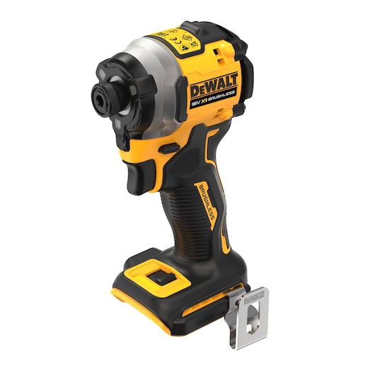A DEWALT DCF850NT 18V XR brushless cordless impact driver tool, shown standing upright. The tool features a yellow and black design, a compact build, and a metal belt clip attached to the base.