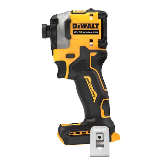 Side view of a DEWALT DCF850N 18V XR Brushless impact driver without battery, featuring yellow and black ergonomic design and a metal belt clip.