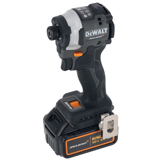 A DEWALT McLaren branded cordless impact driver with an 18V XR lithium-ion battery, featuring a brushless motor and a black and orange design.