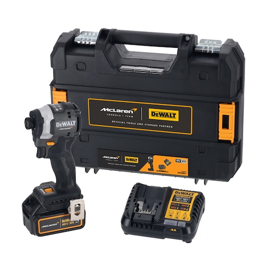 A DEWALT branded cordless impact driver set, featuring a black and grey power tool with orange and McLaren Formula Team edition accents. The set includes an 18V XR lithium-ion battery, a charger, and a sturdy black carry case with DEWALT and McLaren logos.