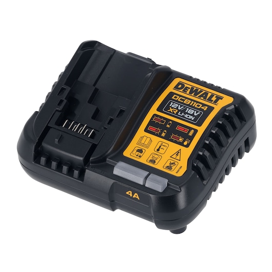 A DEWALT DCB1104 battery charger, designed for 12V and 18V XR Li-Ion batteries, featuring a black and yellow plastic casing with indicator lights and safety icons.
