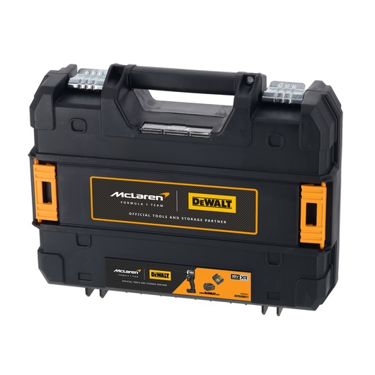 A black DEWALT toolbox with orange latches and a carrying handle, featuring McLaren and DEWALT logos and branding for an official tools and storage partnership.