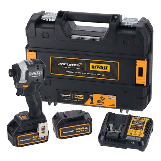 DEWALT McLaren limited edition 18V XR brushless impact driver kit, including a black carry case with McLaren and DEWALT branding, a cordless impact driver, two 18V XR batteries, and a battery charger.