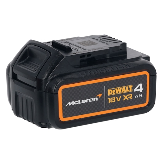 A DEWALT lithium-ion battery pack with McLaren branding, labeled as 18V XR 4AH, designed for power tools.