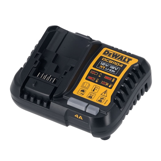A DEWALT DCB1104 battery charger for 12V and 18V XR Li-ion batteries. The charger is black with a yellow label displaying technical details and icon instructions.