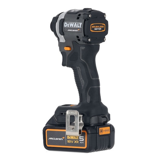 A DEWALT brushless motor cordless power tool with a black and orange color scheme, featuring an 18V XR battery and a metal belt clip. The tool displays 'McLaren' branding and is positioned upright against a white background.