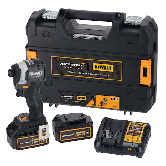 DEWALT and McLaren branded 18V XR power tool kit including a cordless impact driver, two rechargeable battery packs, a battery charger, and a sturdy black carrying case with handle. The kit is displayed with all components visible and features official McLaren Formula 1 Team branding.