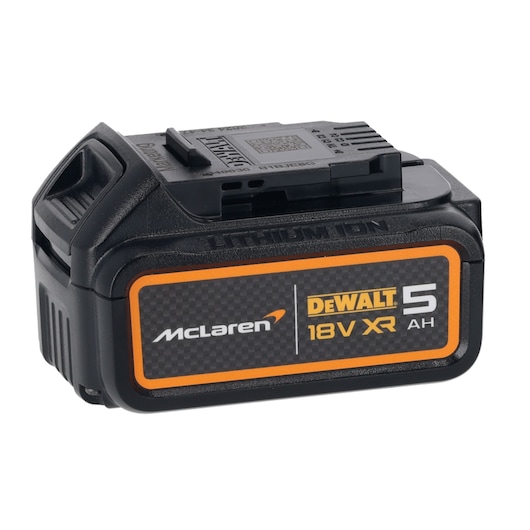 A DEWALT 18V XR 5 Ah lithium-ion battery with McLaren branding, featuring a black and orange design.