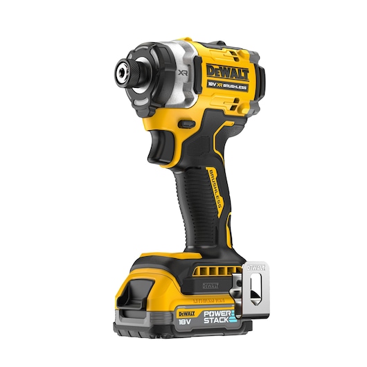 A DEWALT 18V XR brushless cordless impact driver with a yellow and black design, featuring a POWERSTACK battery at the base and a metal belt clip on the side.