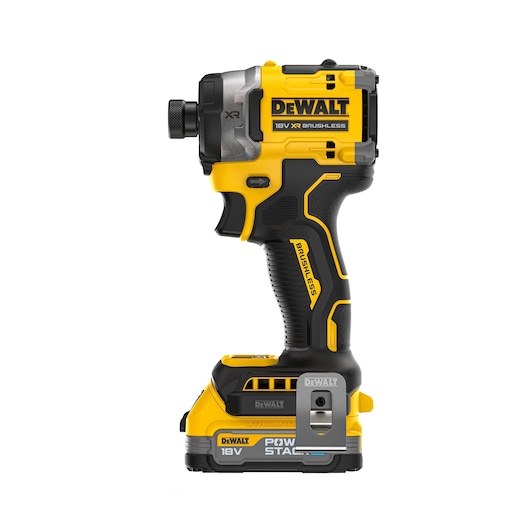 A DEWALT 18V XR brushless impact driver with a POWRSTACK lithium-ion battery, shown in a side view. The tool is primarily yellow and black, with ergonomic grip and metal belt clip.