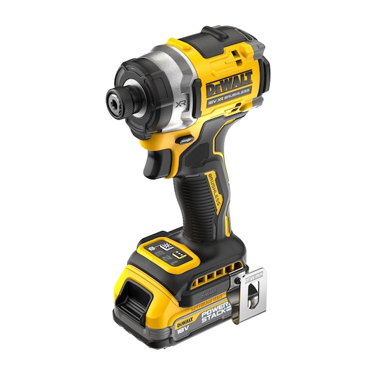 A DEWALT 18V XR brushless cordless impact driver with a black and yellow design, featuring a compact body, ergonomic grip, and a detachable battery labeled POWERSTACK.