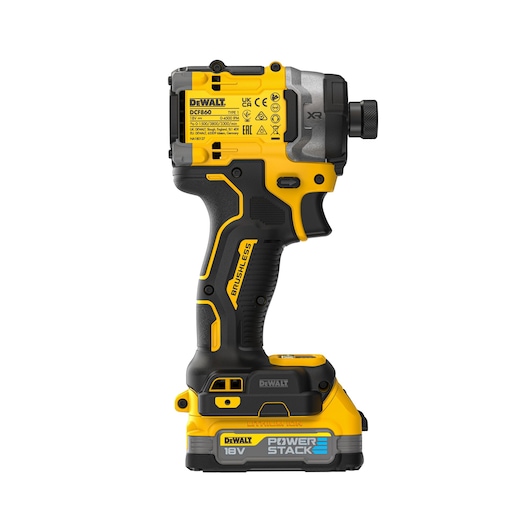 A DEWALT cordless power tool, model DCF860E2T, shown from the side. The tool has a yellow and black design, features an ergonomic handle, and is powered by an 18V POWERSTACK battery pack attached at the bottom.