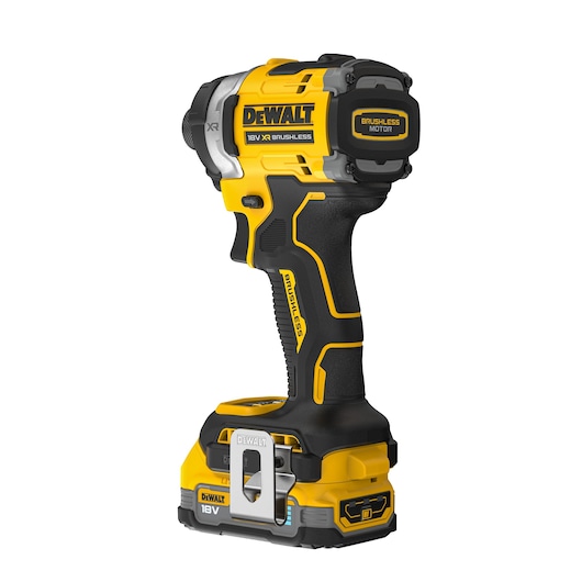 A DEWALT 18V XR Brushless cordless impact driver with a yellow and black body, featuring a brushless motor and ergonomic grip. The tool is displayed standing upright.
