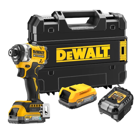 DEWALT cordless power impact driver kit including a yellow and black 18V brushless impact driver, two POWERSTACK batteries, a charger, and a sturdy carrying case.
