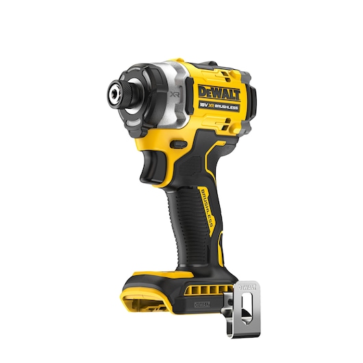 A DEWALT 18V XR Brushless impact driver, shown without battery, featuring a yellow and black design with a metal belt hook attached to the base.