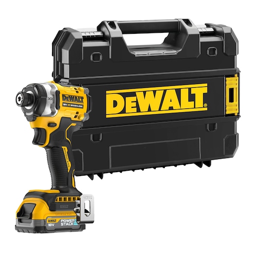 A DEWALT 18V XR brushless cordless impact driver with a POWERSTACK battery is positioned in front of a black DEWALT-branded carrying case.
