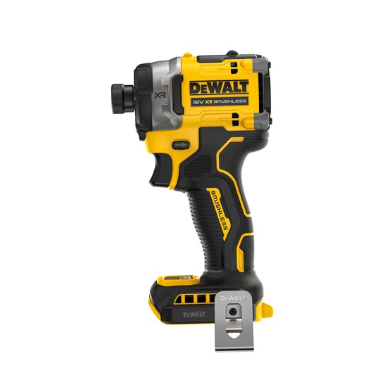 A DEWALT 18V XR Brushless cordless impact driver, shown in a side profile view. The tool has a yellow and black color design, a compact body, and a metal belt clip at the base.