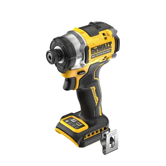 A DEWALT 18V XR brushless cordless impact driver, model DCF860N, shown isolated on a white background. The tool is primarily yellow and black with ergonomic grip and a metal belt clip attached at the base.