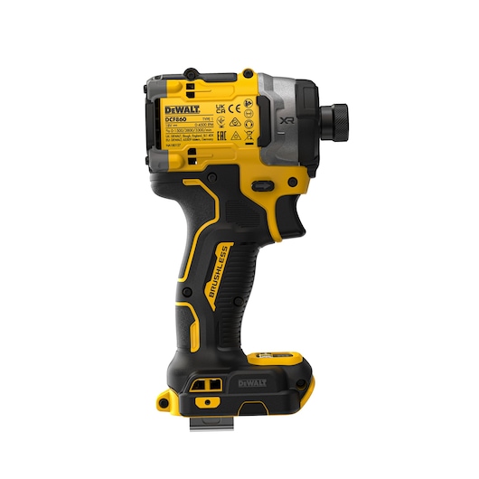 A DEWALT DCF860N cordless brushless impact driver, shown in profile view, with yellow and black casing and ergonomic handle.