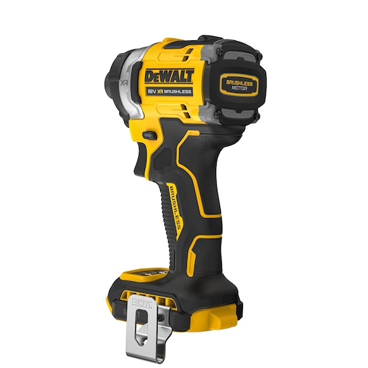 A DEWALT 18V XR brushless impact driver, featuring a yellow and black ergonomic design with a metal belt clip attached at the base. The tool displays 'DEWALT' branding and 'Brushless Motor' labeling.