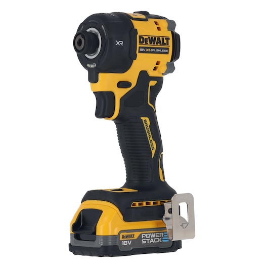 A DEWALT 18V XR brushless cordless power tool, specifically an impact driver, featuring a compact design with a yellow and black color scheme. The tool has a POWERSTACK battery attached and includes a belt clip on the base.