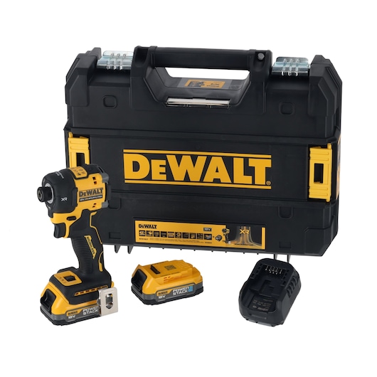 DEWALT cordless impact driver kit including a black and yellow impact driver, a sturdy carrying case with DEWALT branding, two 18V Powerstack batteries, and a charger.