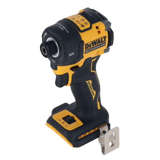 A DEWALT 18V XR brushless cordless impact driver, model DCF870NT, featuring a yellow and black design with a metal belt clip attached.