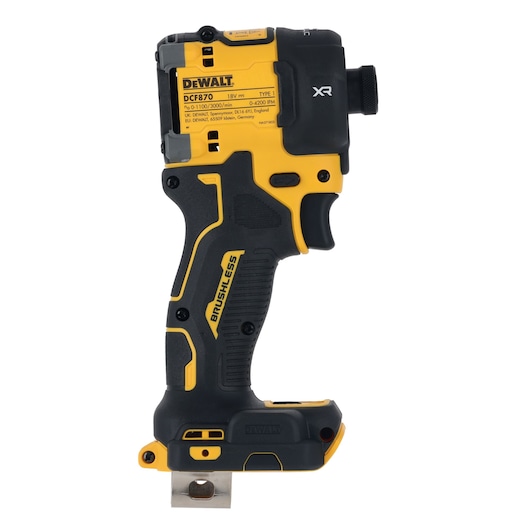 A DEWALT DCF870NT cordless impact wrench with brushless motor. The tool is predominantly black and yellow, showing its ergonomic handle and metal belt hook.