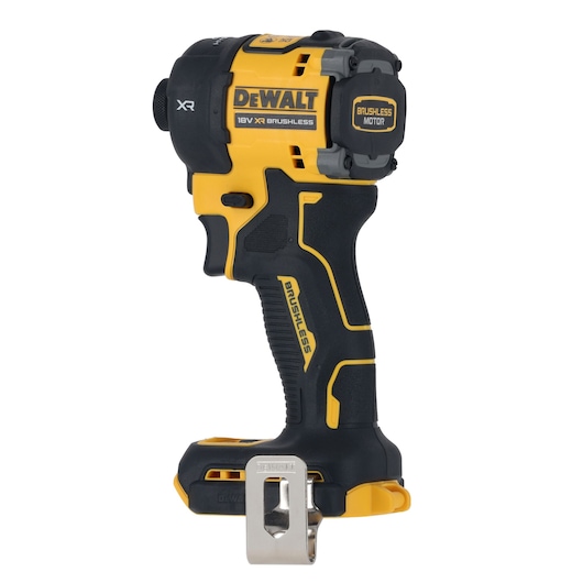 A DEWALT 18V XR brushless cordless impact wrench, shown upright with a black and yellow design and a metal belt clip attached at the base.