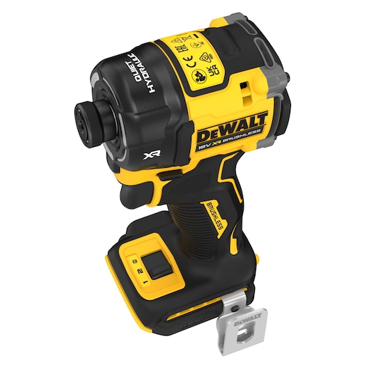 A DEWALT 18V XR brushless cordless impact driver, model DCF870NT, shown in a close-up angled view. The tool is yellow and black with various control features and markings, including 'QUIET HYDRAULIC' and 'BRUSHLESS' labels. No battery is attached.