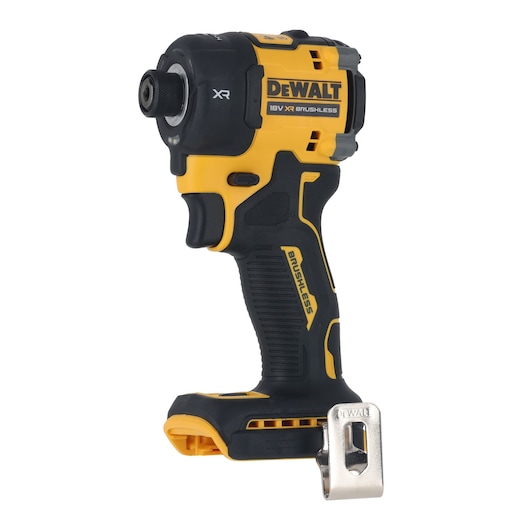 A DEWALT DCF870N 18V XR Brushless impact driver, shown in a yellow and black design with a metal belt clip on the base. The tool is photographed against a white background.