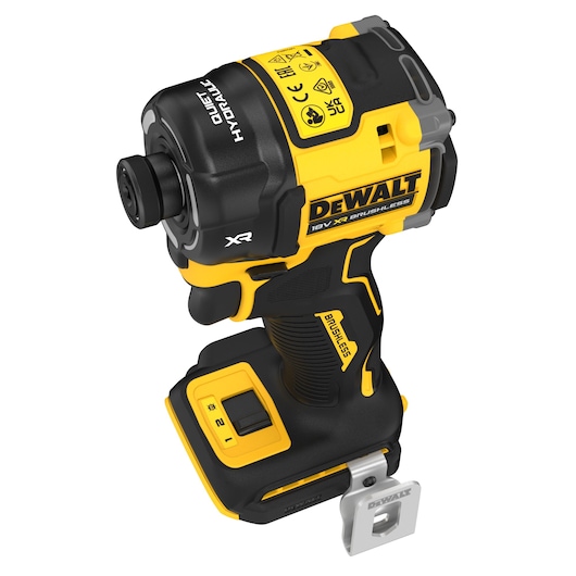 A DEWALT 18V XR brushless cordless impact driver with a yellow and black design. The tool has labels indicating 'Quiet Hydraulic' and is equipped with a belt clip on the base. The product has ergonomic handles and a switch for speed settings.