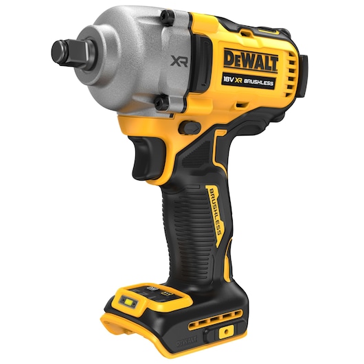 A DEWALT 18V XR Brushless impact wrench in yellow and black, designed for professional use with ergonomic grip and without a battery attached.