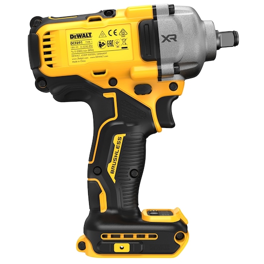 A DEWALT DCF891NT cordless impact wrench with a brushless motor, featuring a yellow and black design. The side view shows the product label with technical specifications and the ergonomic handle.