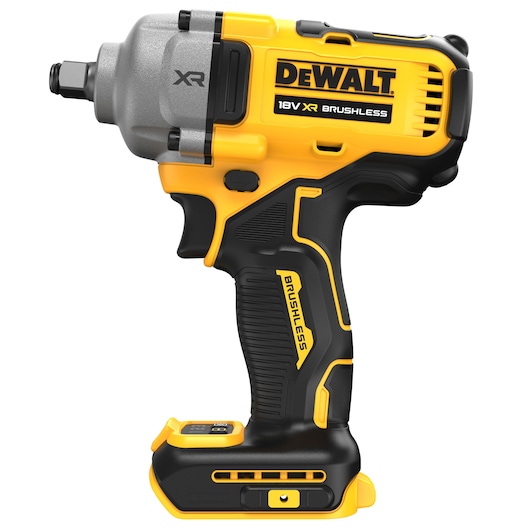 A DEWALT 18V XR brushless impact wrench in yellow and black, shown from the side on a white background.