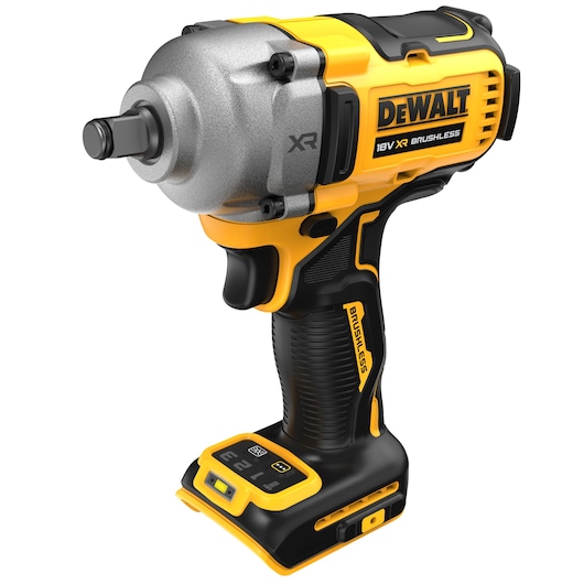 DEWALT 18V XR Brushless impact wrench in yellow and black color, shown in a close-up view. The tool features a compact, ergonomic design with control buttons on the base.