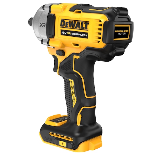 A DEWALT 18V XR brushless cordless impact wrench with a black and yellow design, shown without a battery installed.