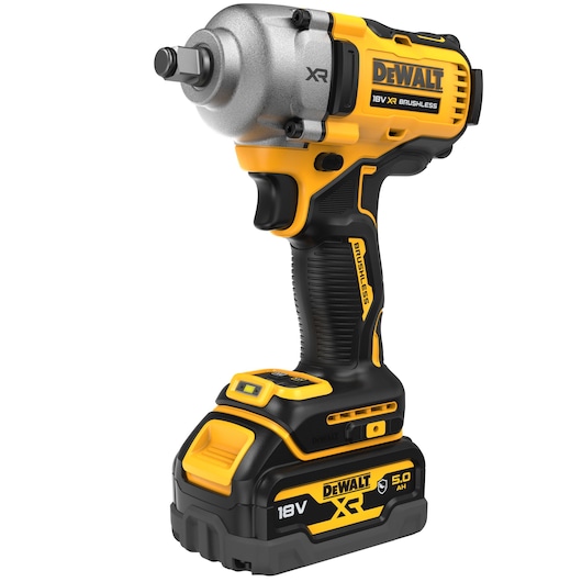 DEWALT cordless 18V XR brushless impact wrench with black and yellow design, ergonomic grip, and visible battery pack.