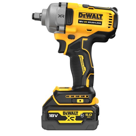 A DEWALT 18V XR Brushless cordless impact wrench with black and yellow design, shown upright with attached 5.0 Ah battery.