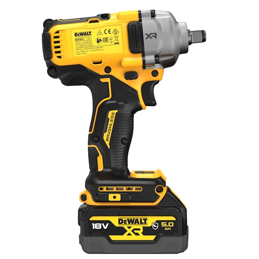 A DEWALT cordless impact wrench, model DCF891P2G, with a brushless motor and an 18V XR 5.0Ah lithium-ion battery in black and yellow.