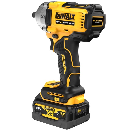 A DEWALT 18V XR brushless cordless impact wrench tool with a yellow and black design, featuring a brushless motor and a detachable battery pack labeled 5.0 Ah.