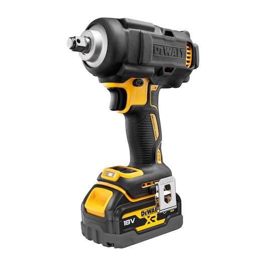 A cordless DEWALT impact wrench with an 18V XR lithium-ion battery, shown in black and yellow colors on a white background.
