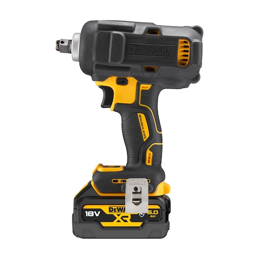 A DEWALT cordless impact wrench with an 18V XR 5.0Ah battery, featuring a compact, black and yellow design and a metal belt clip.