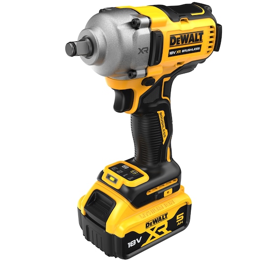 A DEWALT 18V XR brushless cordless impact wrench with a yellow and black design, featuring a lithium-ion battery pack at the base.