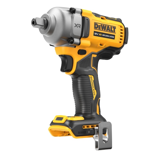 A DEWALT 18V XR cordless brushless impact wrench with a silver front housing, ergonomic black and yellow handle, and metal belt clip, shown against a white background.